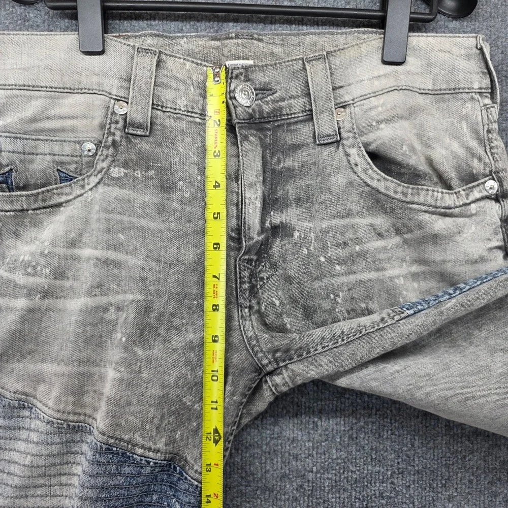 True Religion Mens Moto Grey Acid Wash Slim Biker Jeans Paint Splatter Size 33